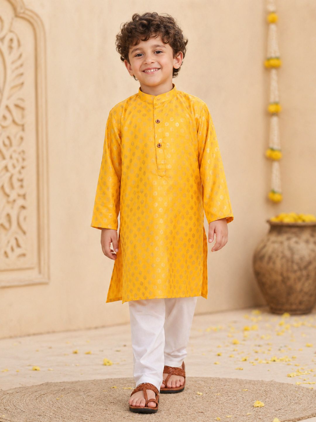 Yellow Cotton Full sleeves Foil Printed Kurta Pyjama Set