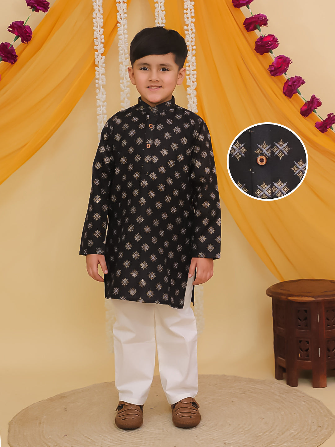 Black Cotton Full sleeves Foil Printed Kurta Pyjama Set