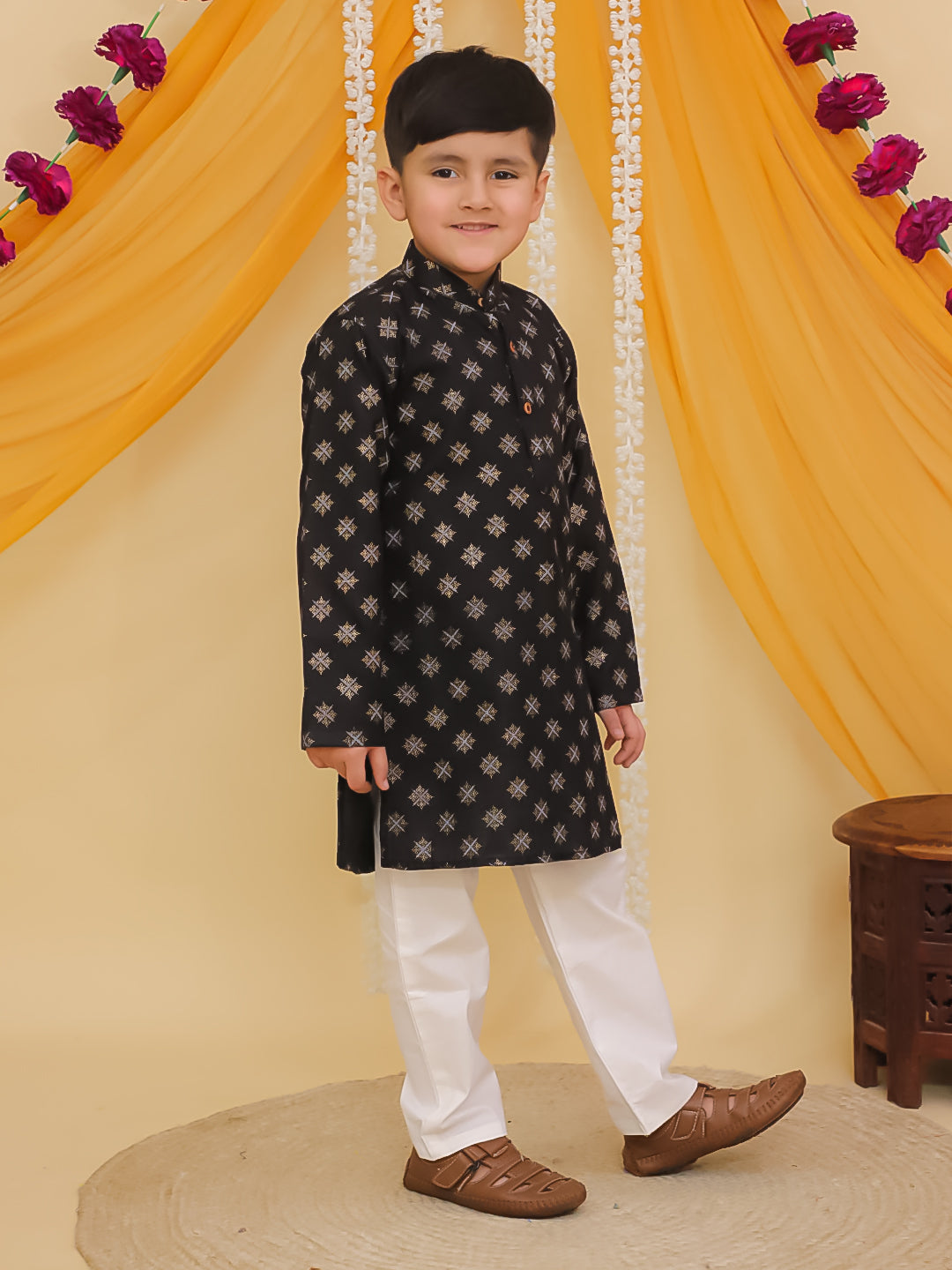 Black Cotton Full sleeves Foil Printed Kurta Pyjama Set