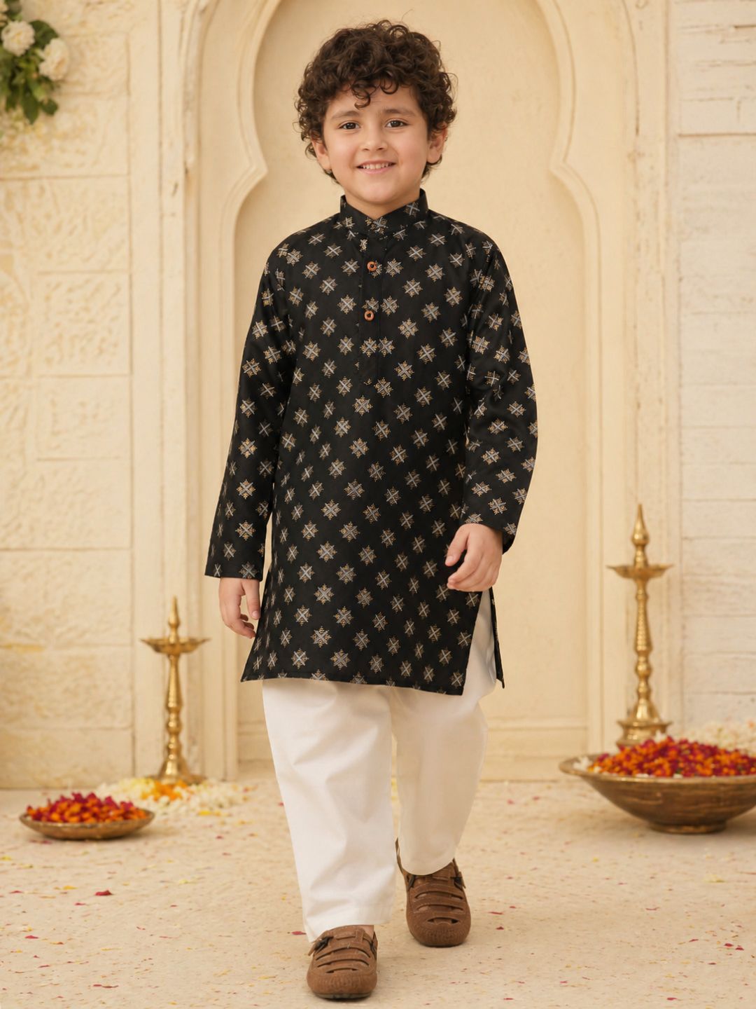 Black Cotton Full sleeves Foil Printed Kurta Pyjama Set