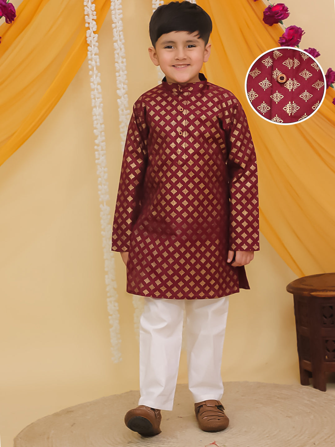Maroon Cotton Full sleeves Foil Printed Kurta Pyjama Set