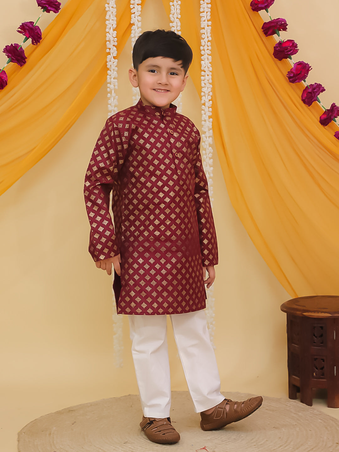 Maroon Cotton Full sleeves Foil Printed Kurta Pyjama Set