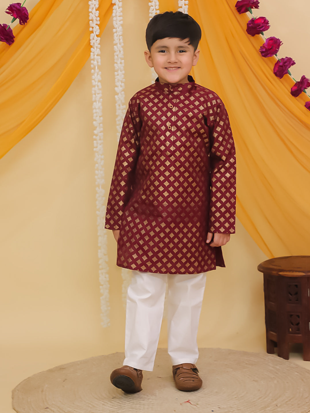 Maroon Cotton Full sleeves Foil Printed Kurta Pyjama Set
