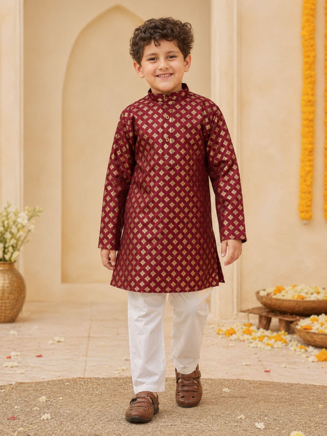 Maroon Cotton Full sleeves Foil Printed Kurta Pyjama Set