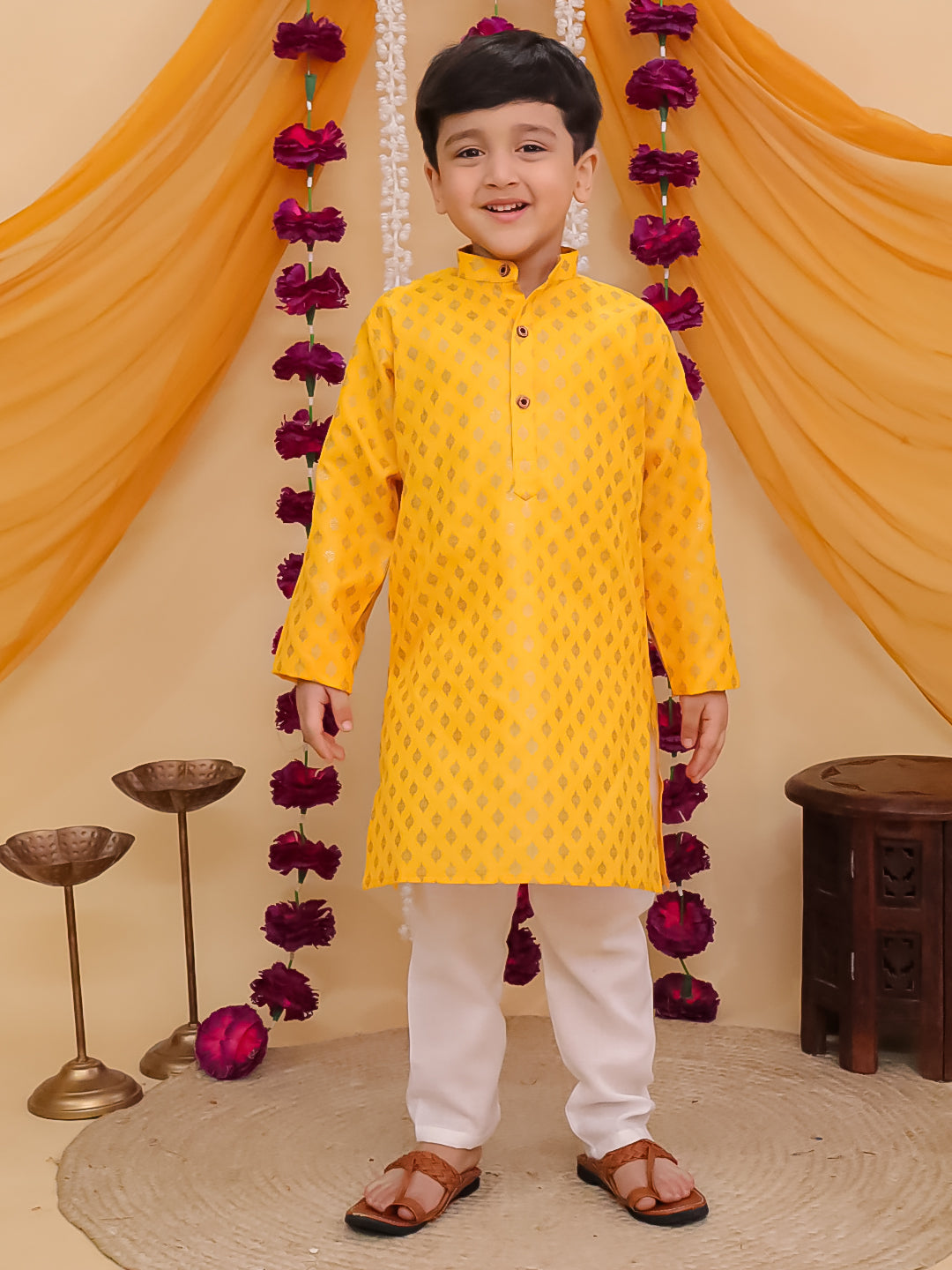 Mustard Cotton Full sleeves Foil Printed Kurta Pyjama Set