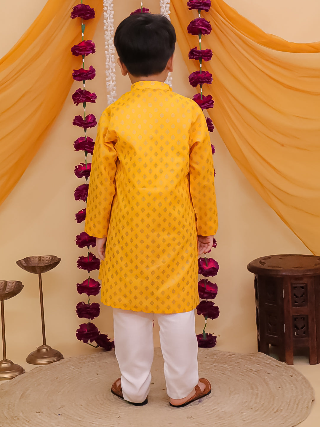 Mustard Cotton Full sleeves Foil Printed Kurta Pyjama Set