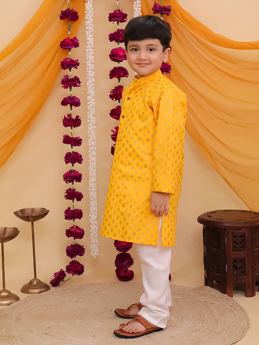 Mustard Cotton Full sleeves Foil Printed Kurta Pyjama Set