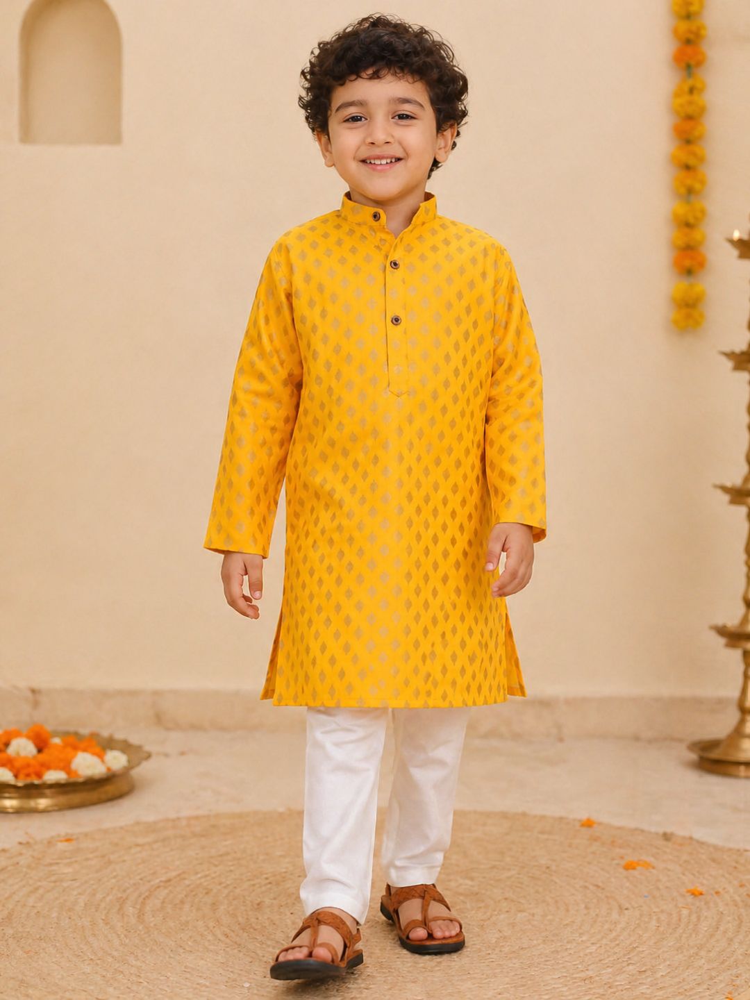Mustard Cotton Full sleeves Foil Printed Kurta Pyjama Set