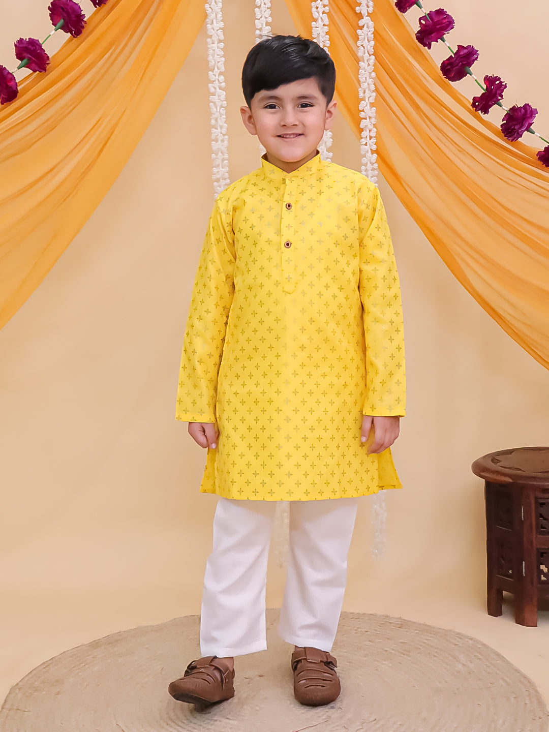 Yellow Cotton Full sleeves Foil Printed Kurta Pyjama Set