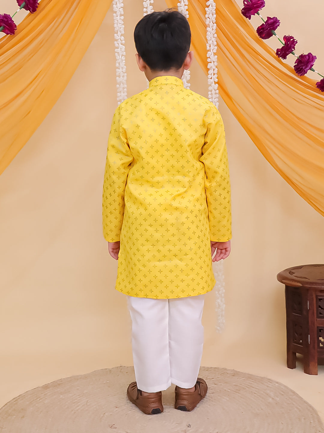 Yellow Cotton Full sleeves Foil Printed Kurta Pyjama Set