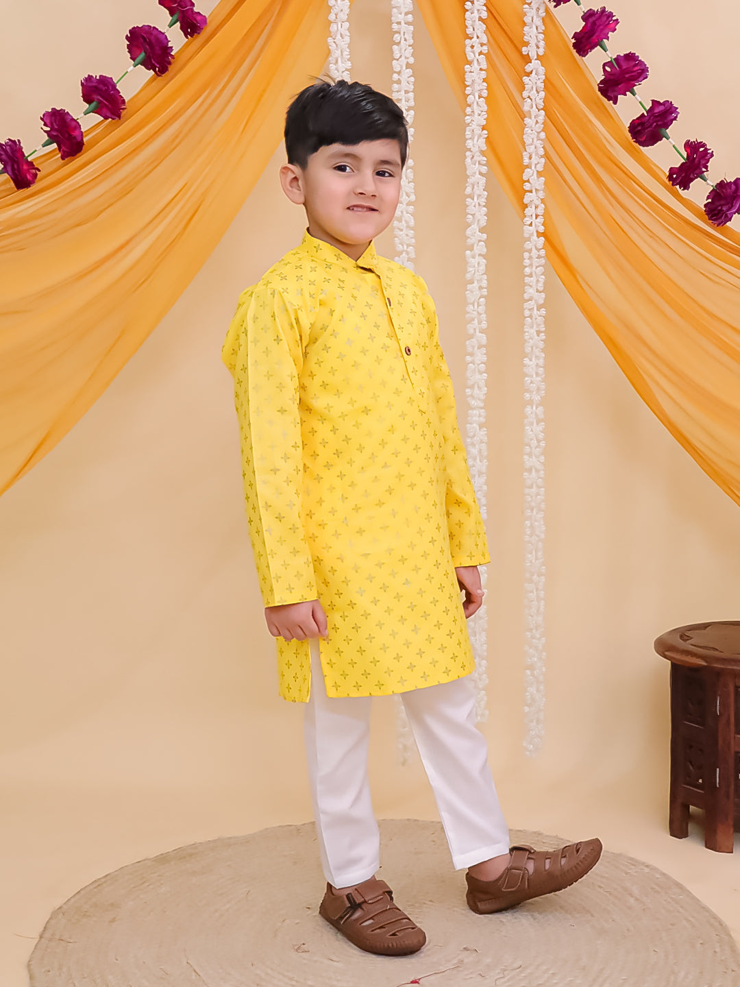 Yellow Cotton Full sleeves Foil Printed Kurta Pyjama Set
