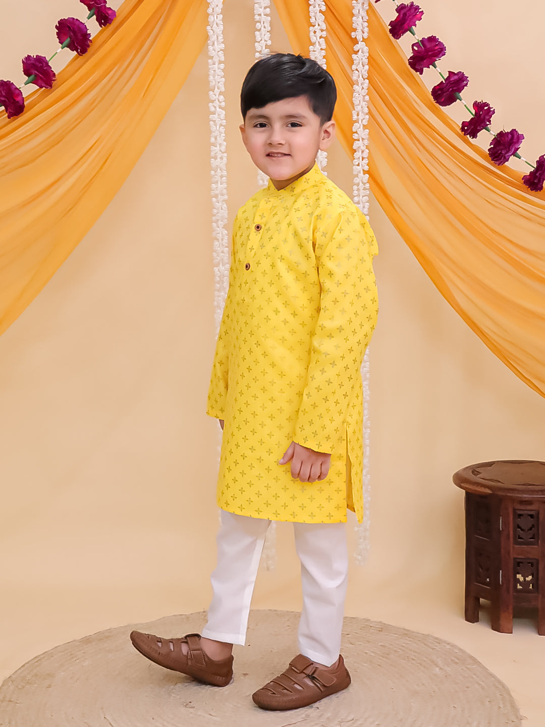 Yellow Cotton Full sleeves Foil Printed Kurta Pyjama Set