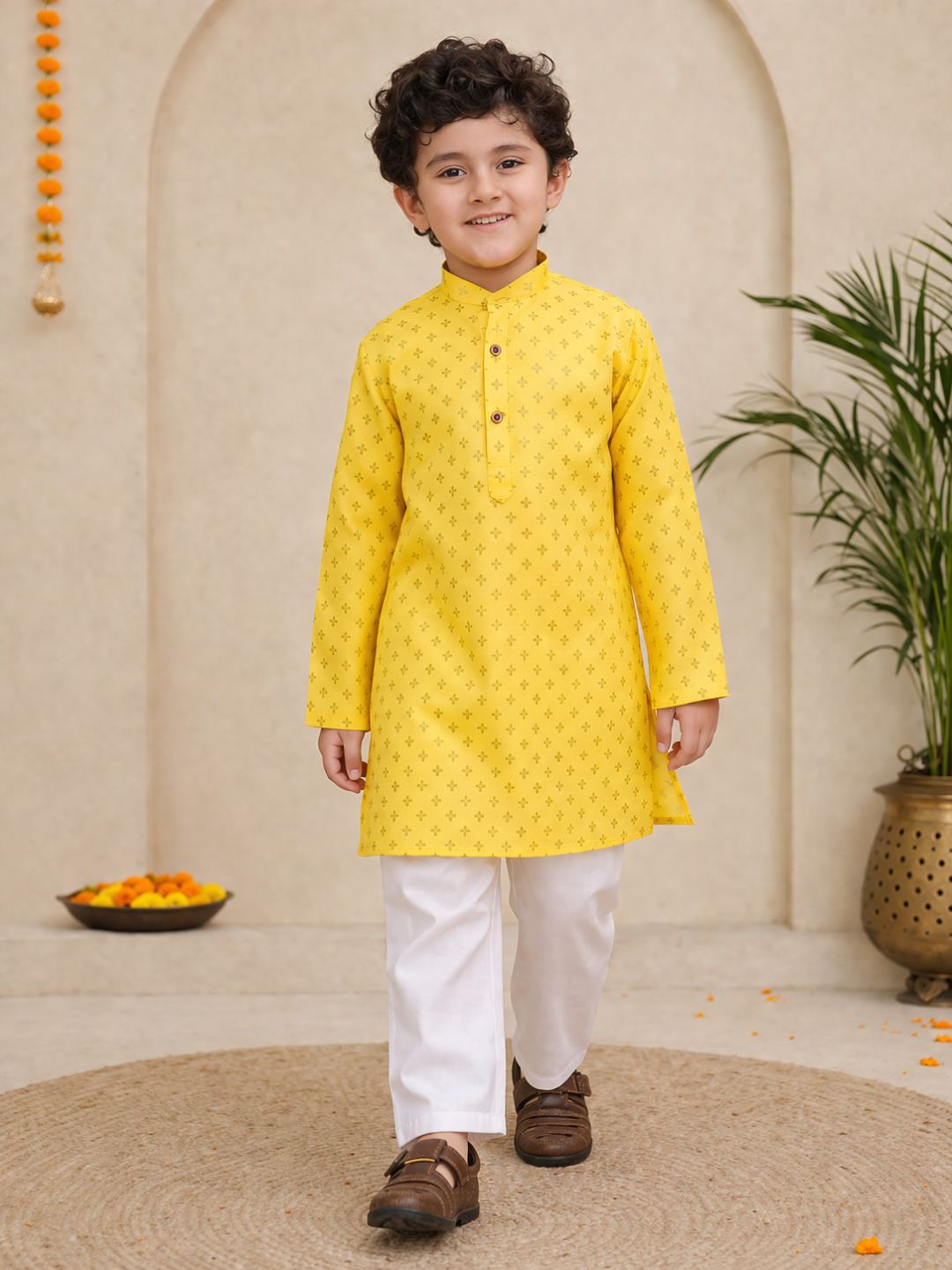 Yellow Cotton Full sleeves Foil Printed Kurta Pyjama Set