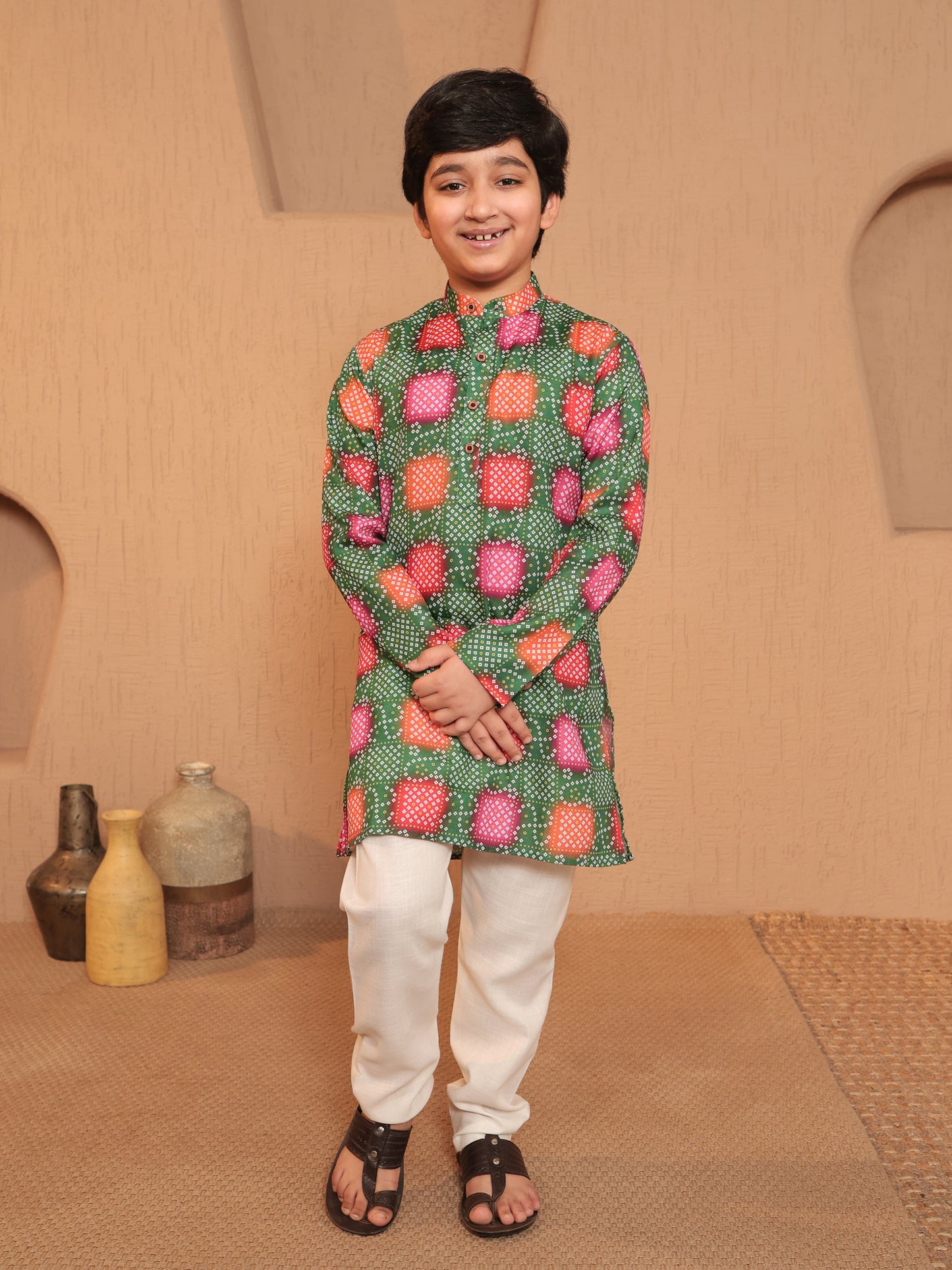 Boys Green Cotton Full sleeves Printed Kurta Pyjama Set