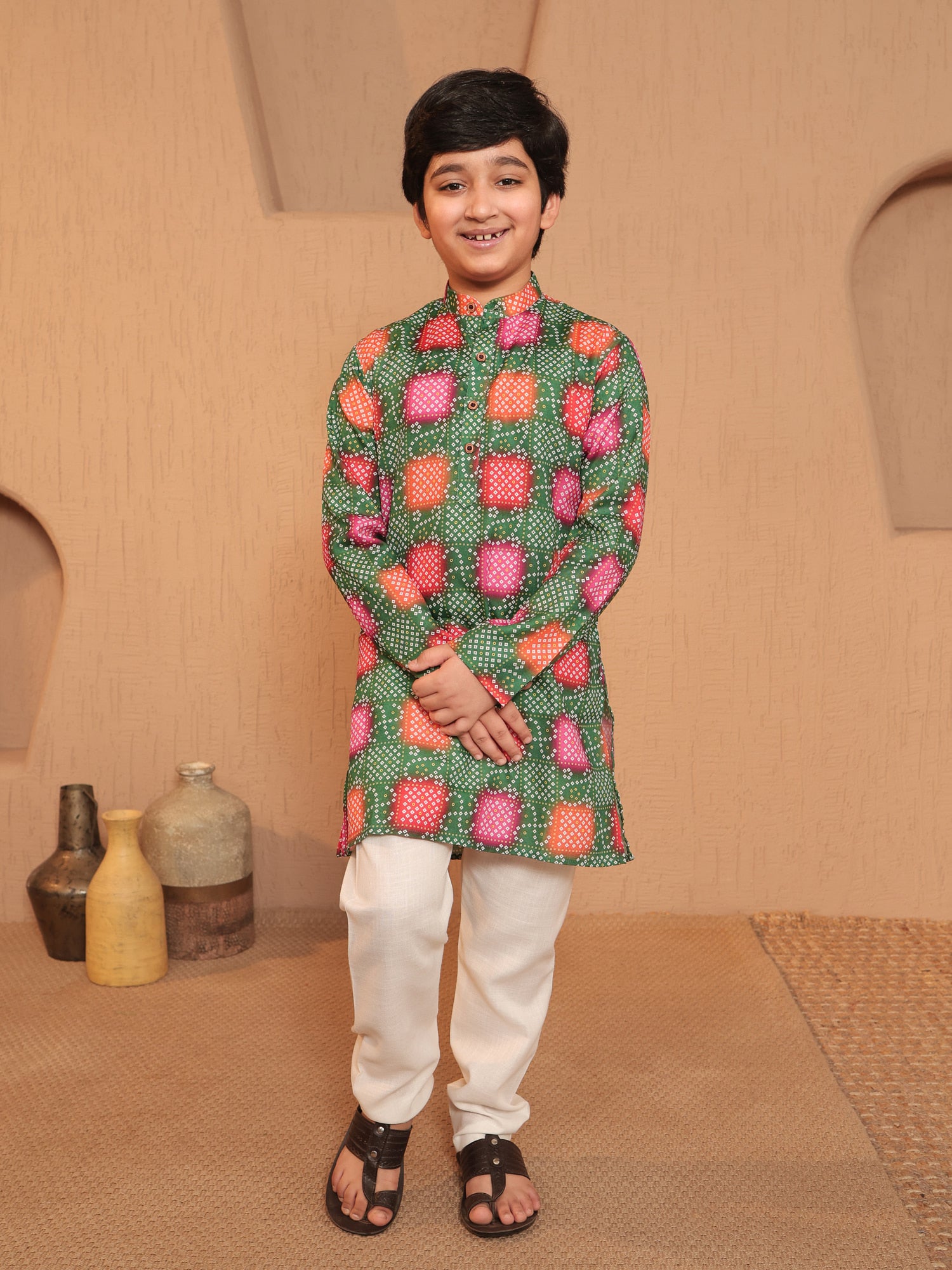 Boys Green Cotton Full sleeves Printed Kurta Pyjama Set