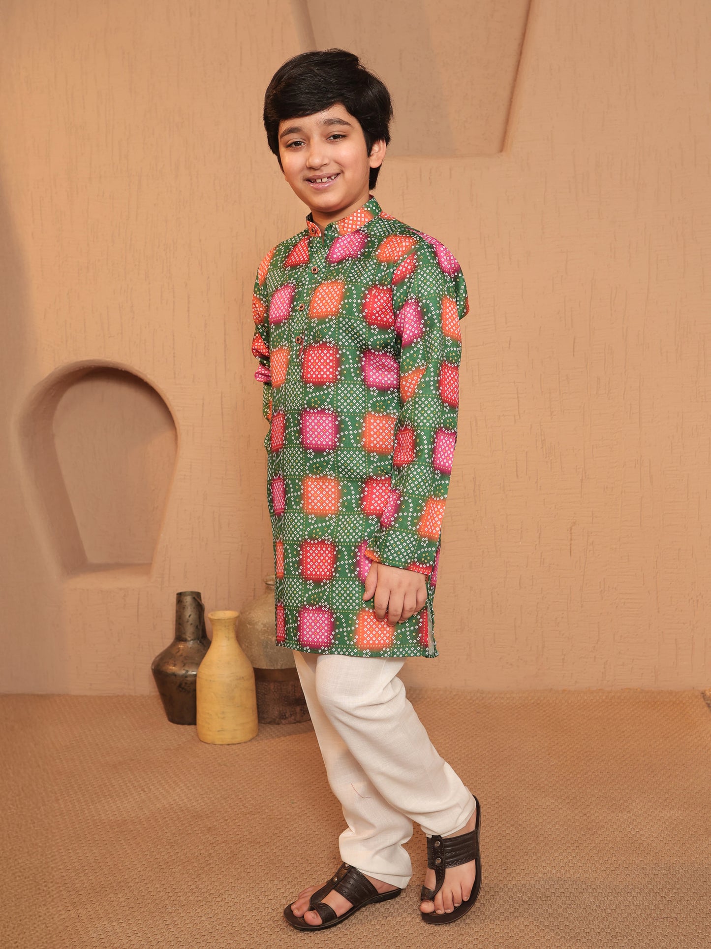 Boys Green Cotton Full sleeves Printed Kurta Pyjama Set