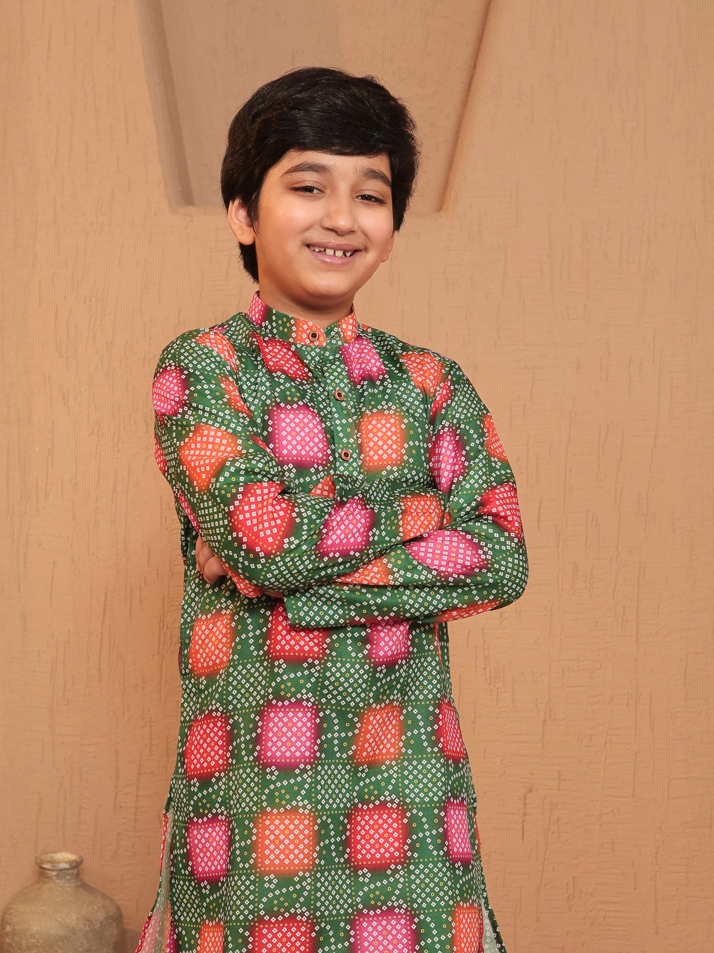 Boys Green Cotton Full sleeves Printed Kurta Pyjama Set