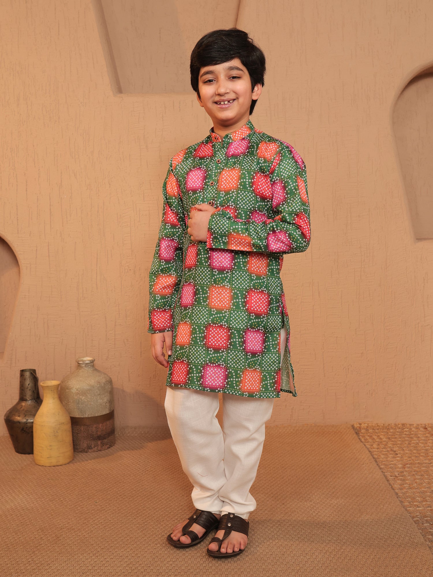 Boys Green Cotton Full sleeves Printed Kurta Pyjama Set
