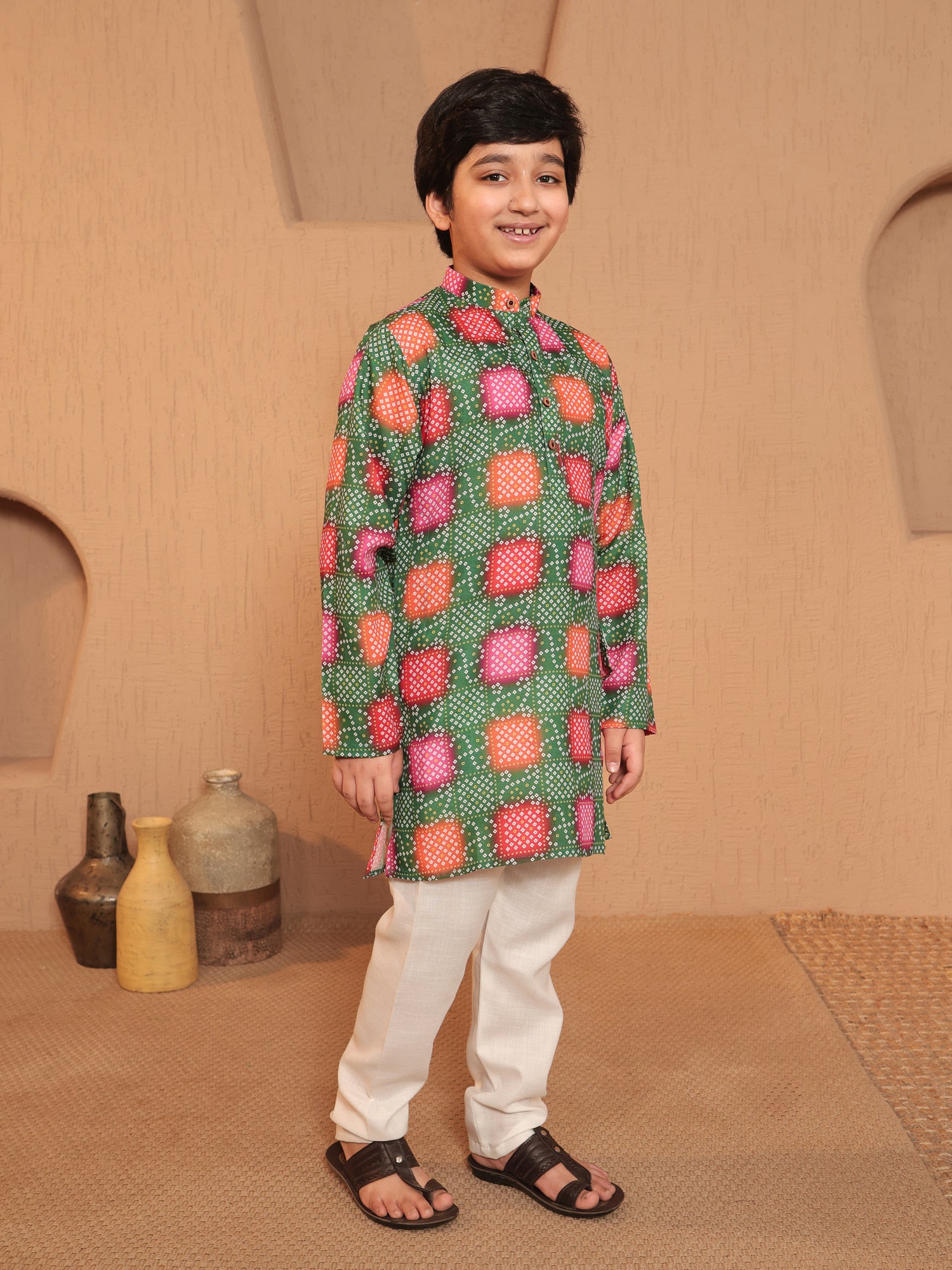 Boys Green Cotton Full sleeves Printed Kurta Pyjama Set