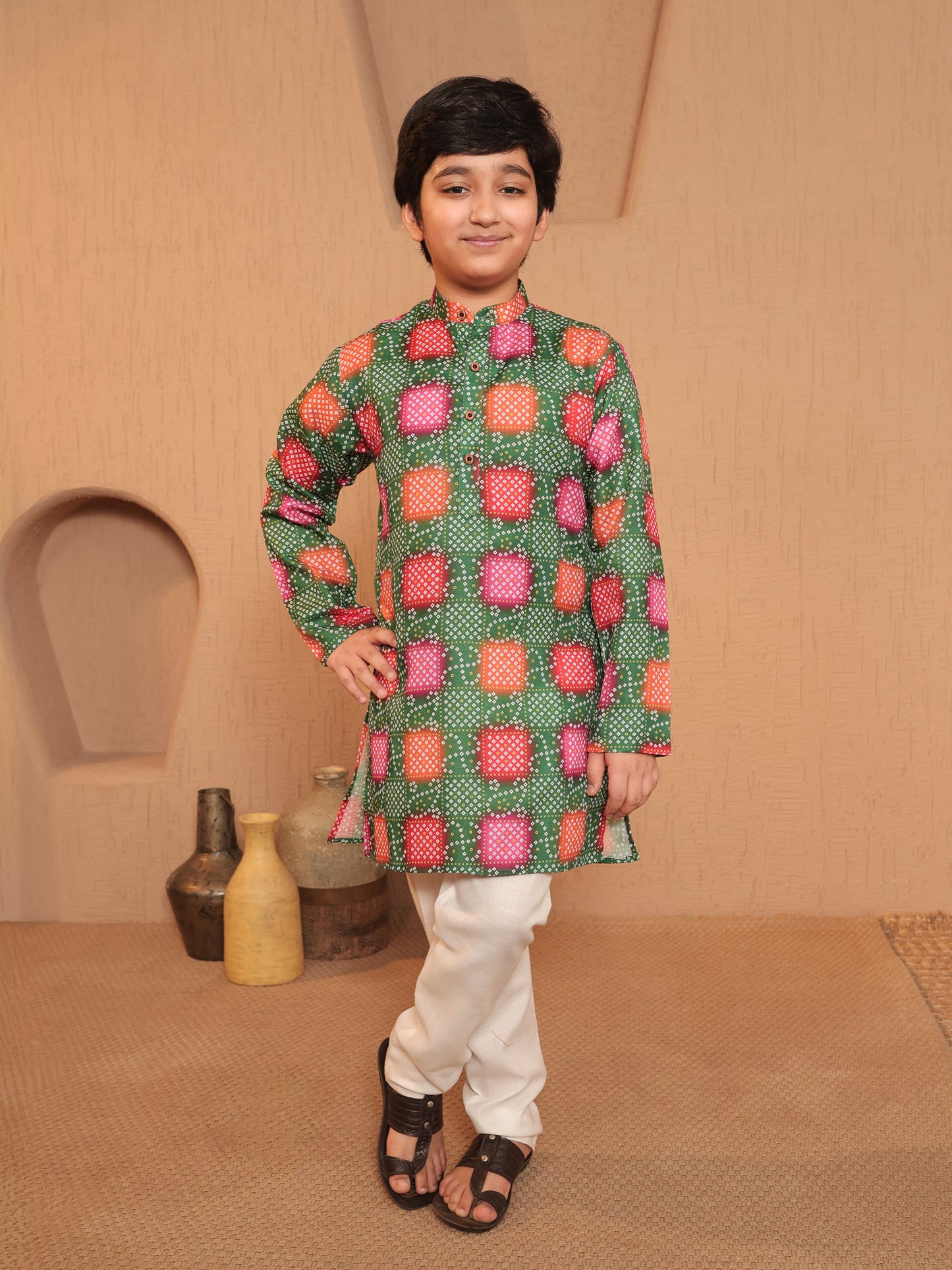 Boys Green Cotton Full sleeves Printed Kurta Pyjama Set