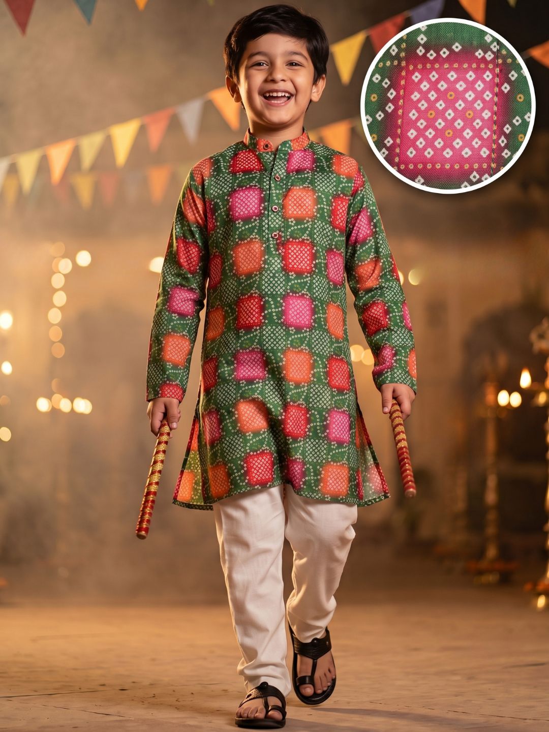 Boys Green Cotton Full sleeves Printed Kurta Pyjama Set