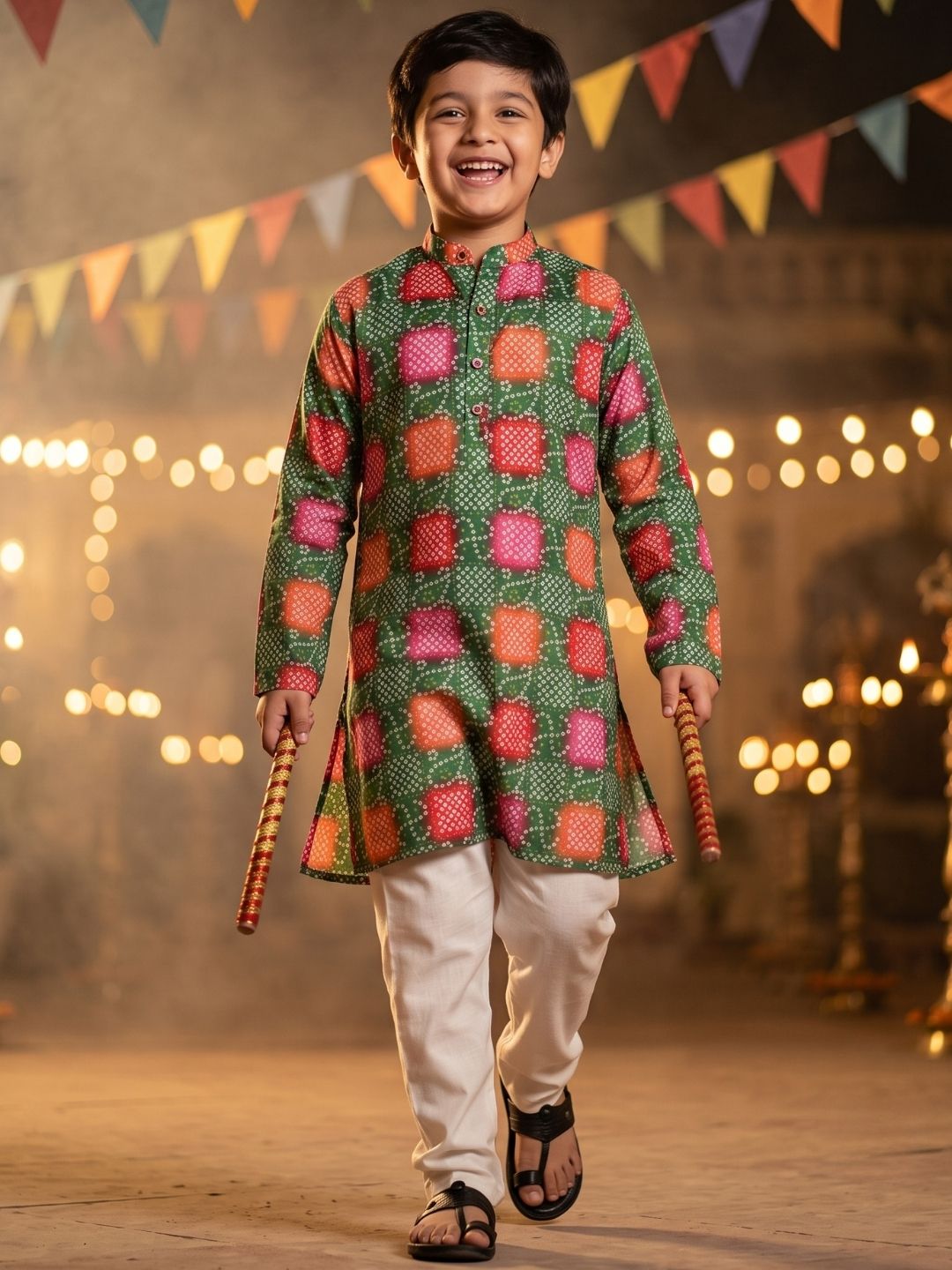 Boys Green Cotton Full sleeves Printed Kurta Pyjama Set