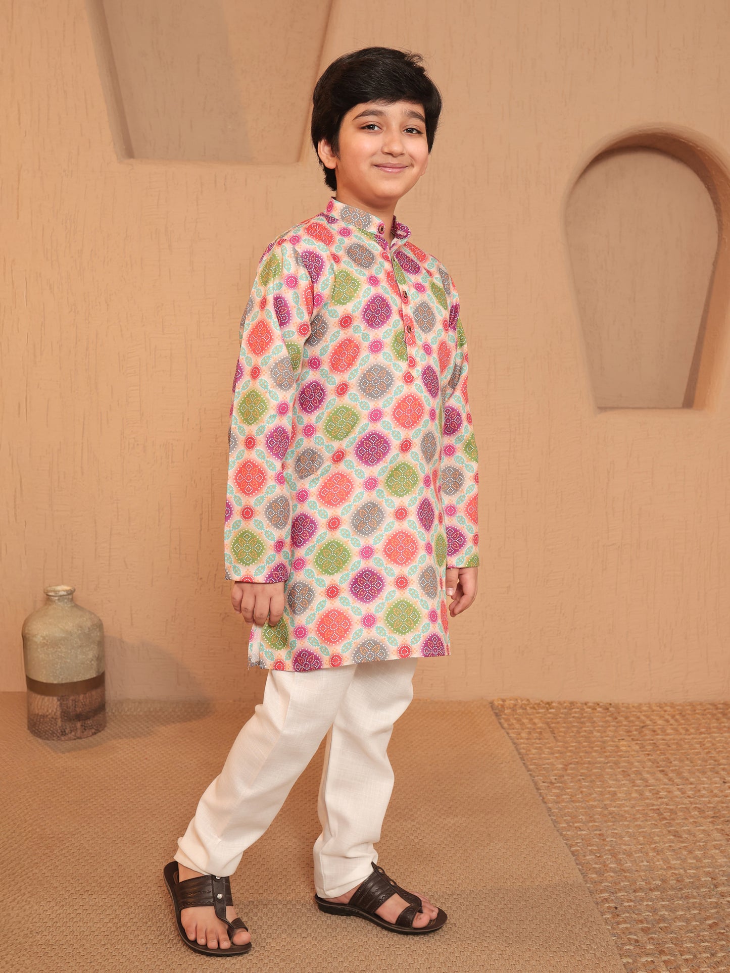 Boys Multi-Color Cotton Full sleeves Printed Kurta Pyjama Set