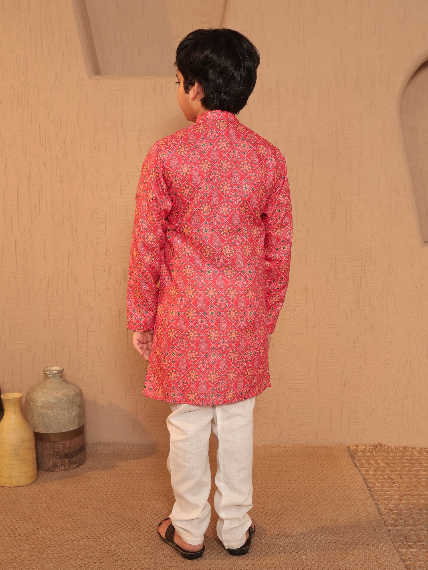 Boys Orange Cotton Full sleeves Printed Kurta Pyjama Set