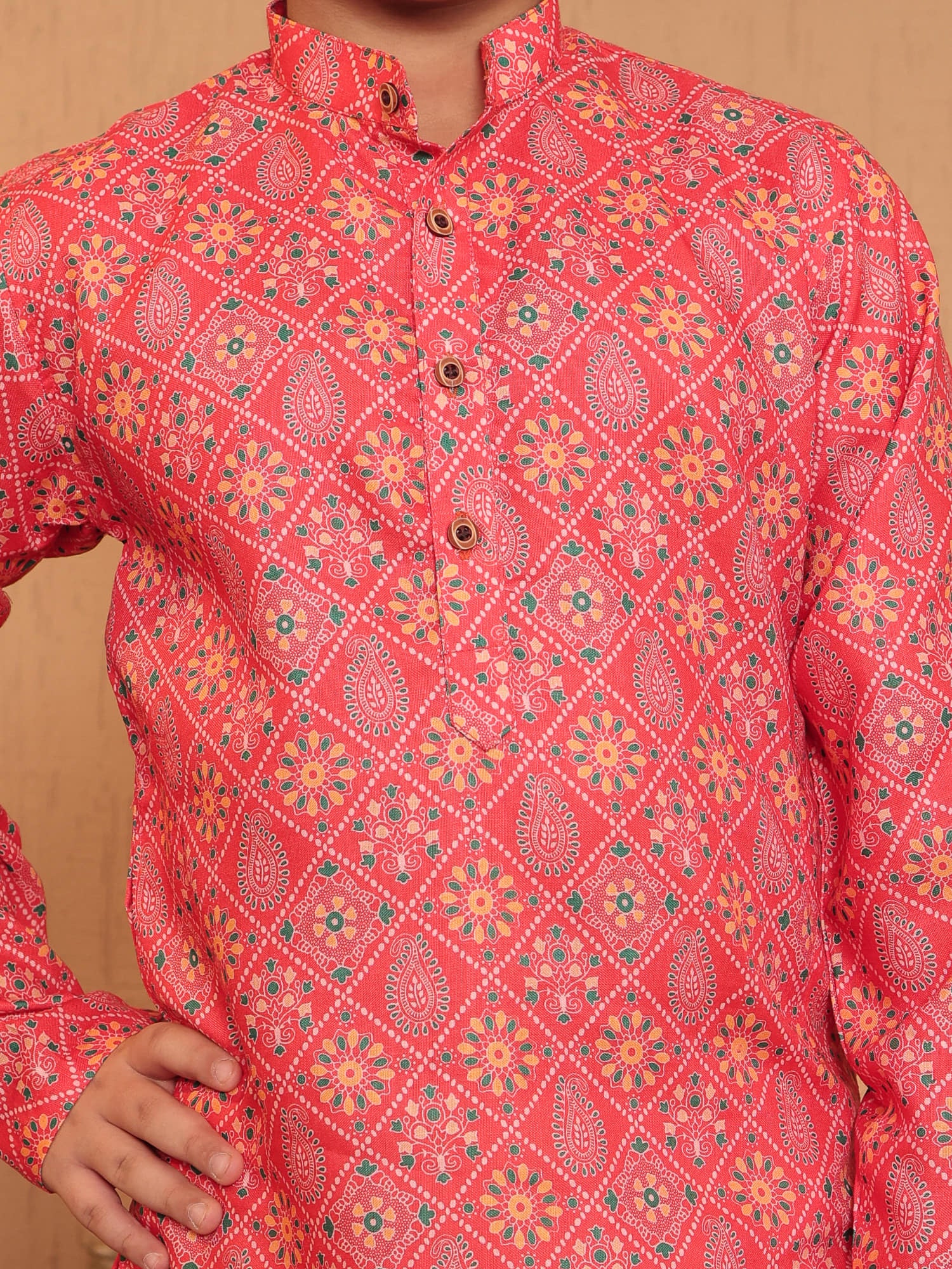 Boys Orange Cotton Full sleeves Printed Kurta Pyjama Set