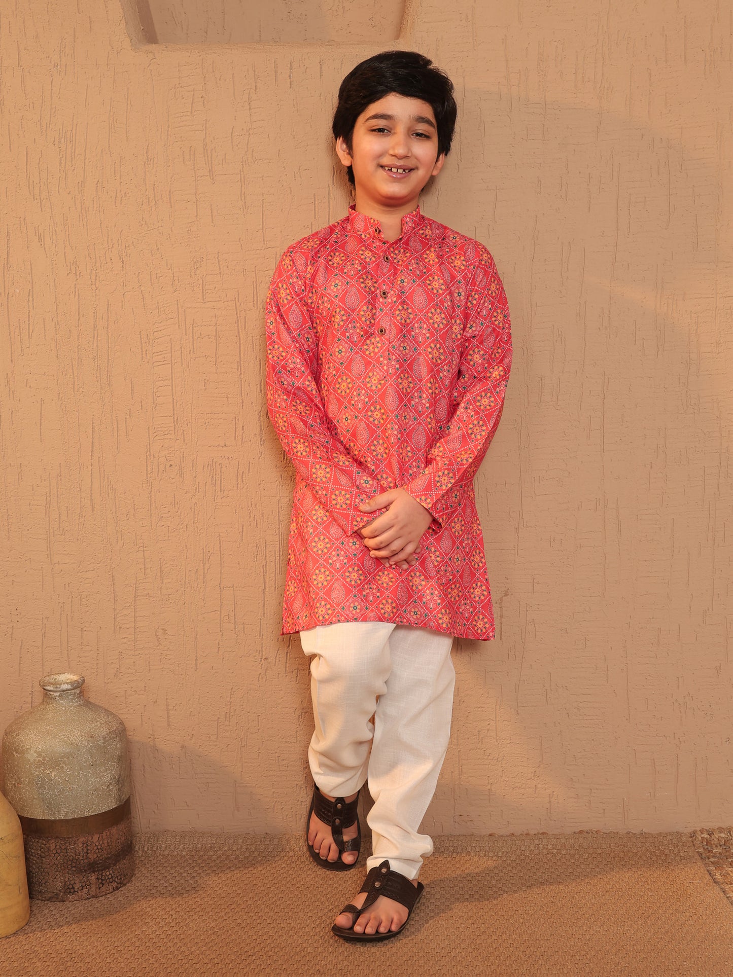 Boys Orange Cotton Full sleeves Printed Kurta Pyjama Set