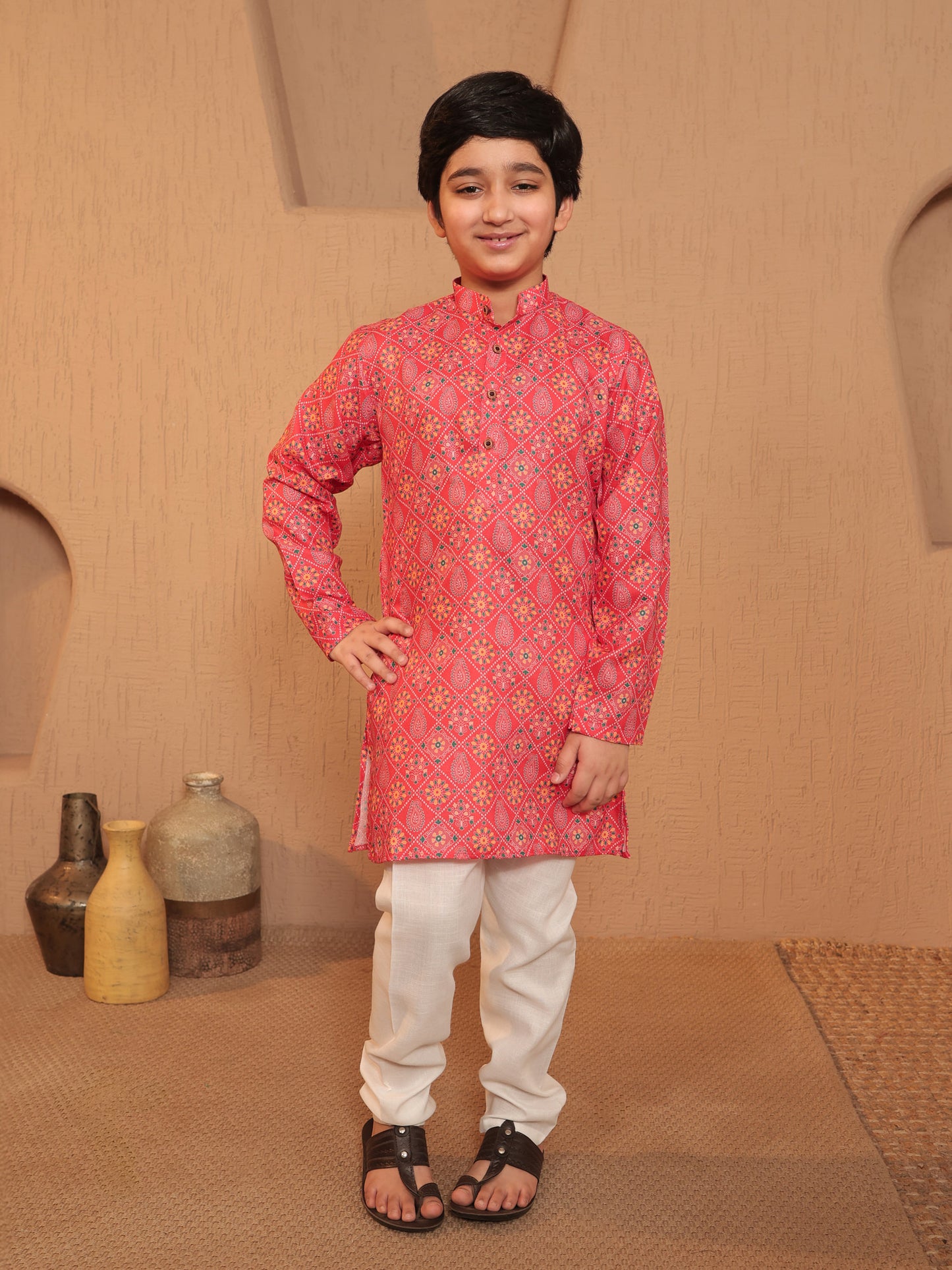 Boys Orange Cotton Full sleeves Printed Kurta Pyjama Set