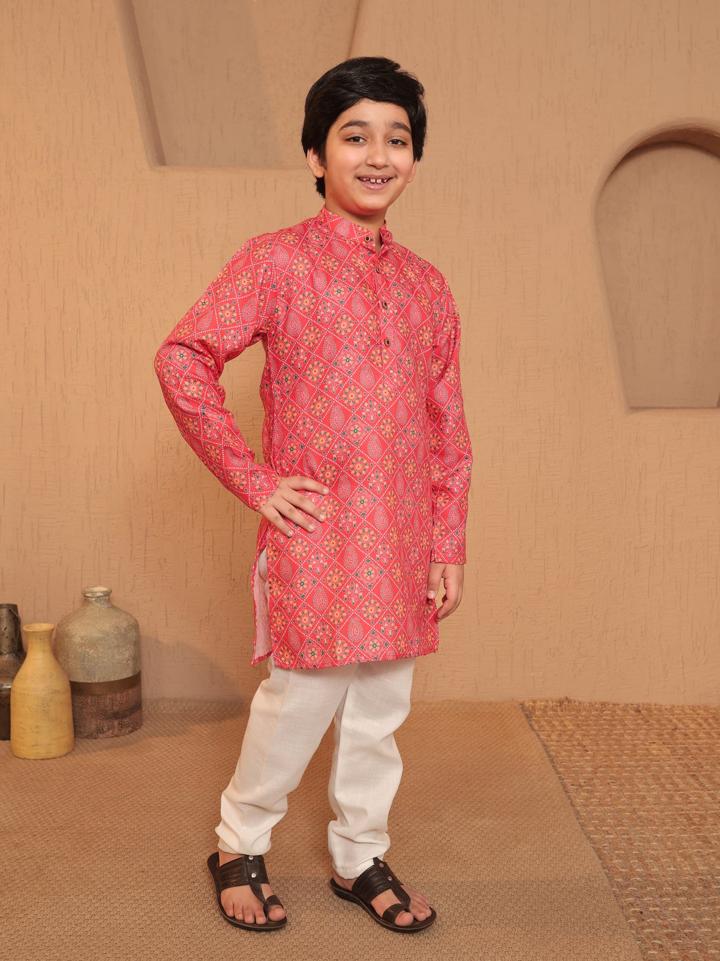 Boys Orange Cotton Full sleeves Printed Kurta Pyjama Set