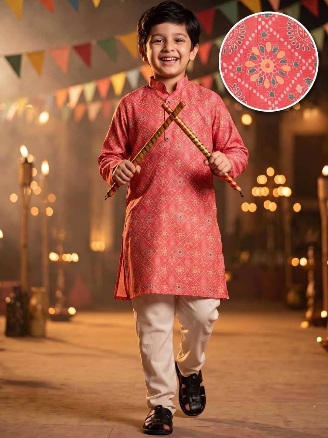 Boys Orange Cotton Full sleeves Printed Kurta Pyjama Set