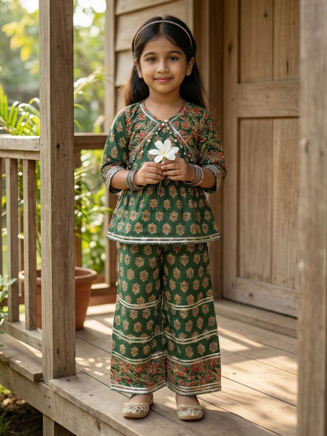 Green Cotton 3/4th Sleeves Floral Print Girls Co-Ords