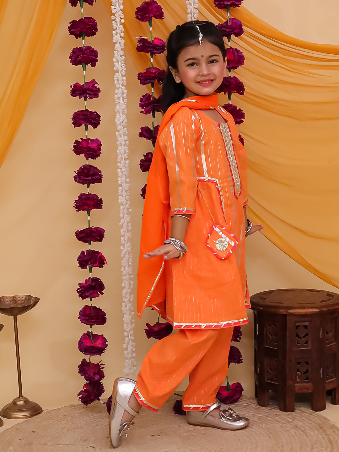 Girls Orange Cotton Sleeveless Lurex and Gotta Work Girls Suit Set