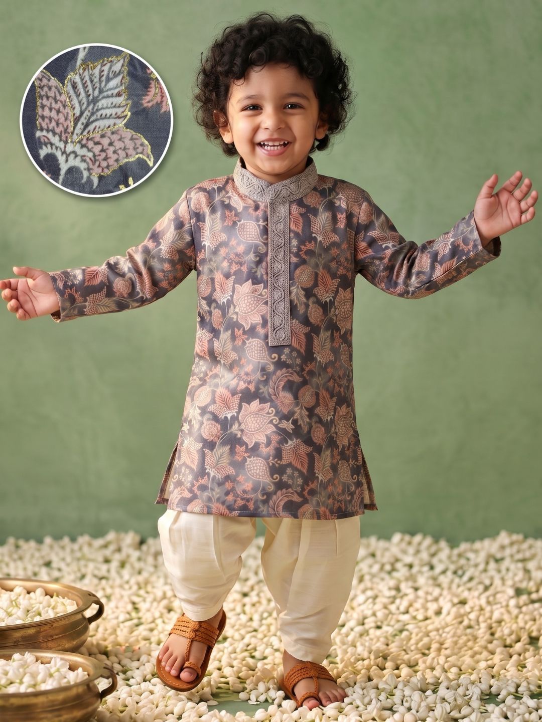 Grey and Peach Foil Print Cotton Blend Kurta and Pyjama For Boys