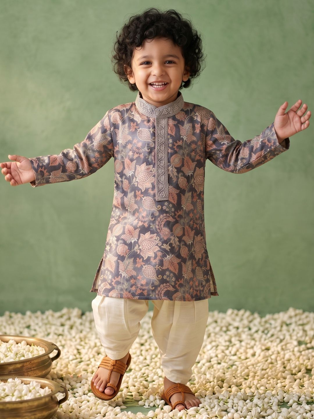 Grey and Peach Foil Print Cotton Blend Kurta and Pyjama For Boys