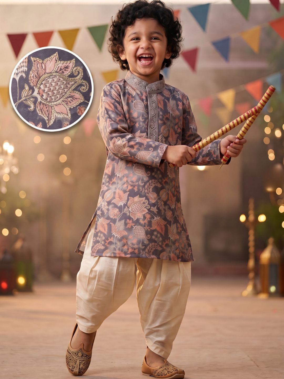 Grey and Peach Foil Print Cotton Blend Kurta and Pyjama For Boys