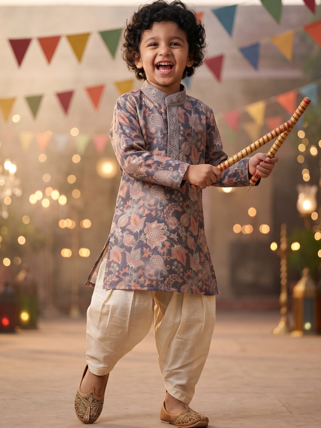 Grey and Peach Foil Print Cotton Blend Kurta and Pyjama For Boys