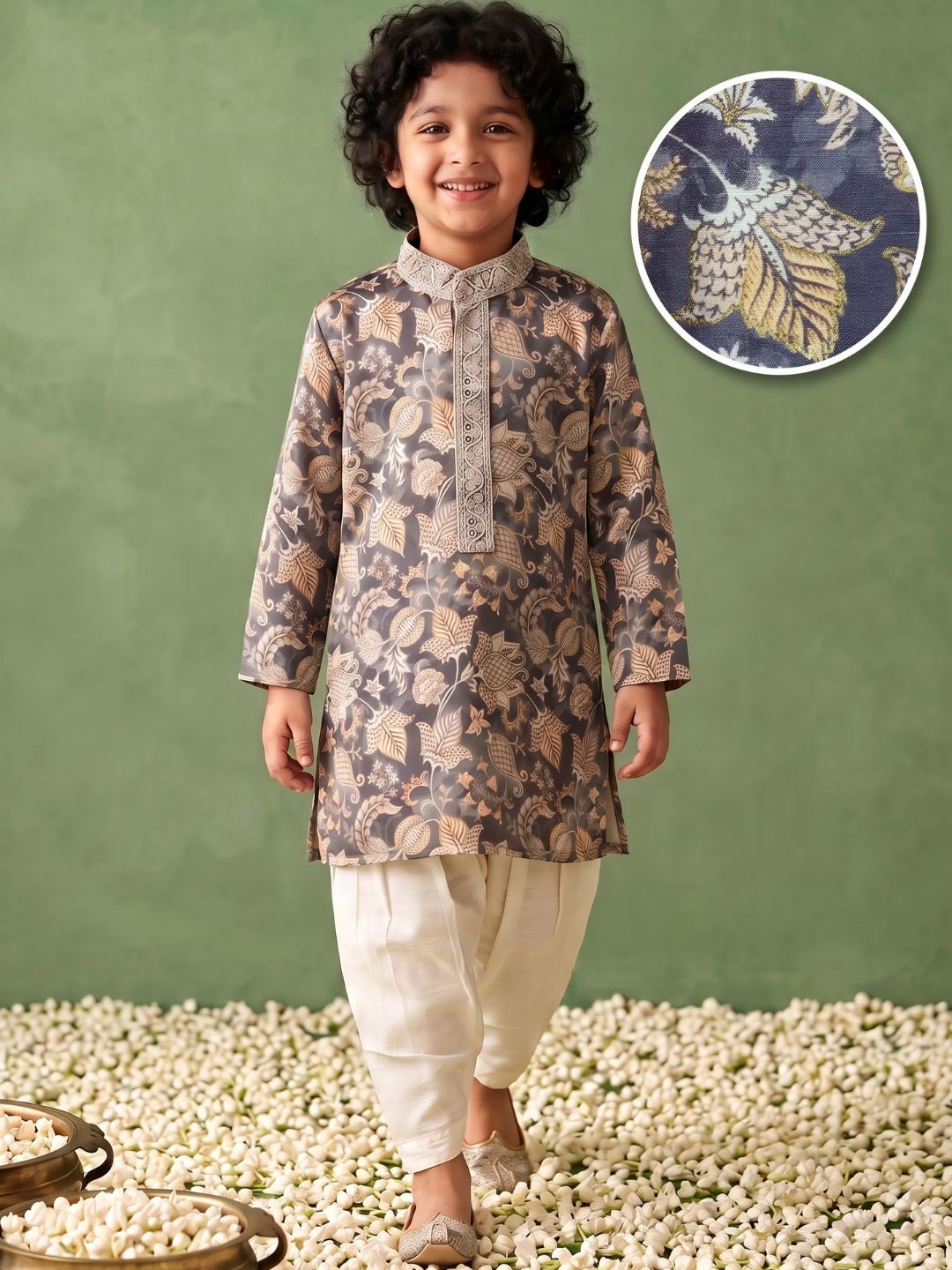 Grey and Yellow Foil Print Cotton Blend Kurta and Pyjama For Boys