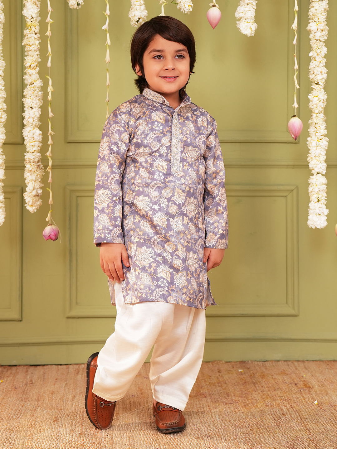 Grey and Peach Foil Print Cotton Blend Kurta and Pyjama For Boys