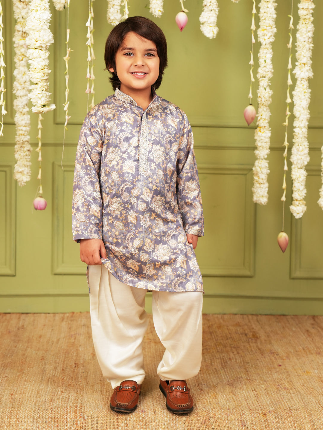 Grey and Peach Foil Print Cotton Blend Kurta and Pyjama For Boys