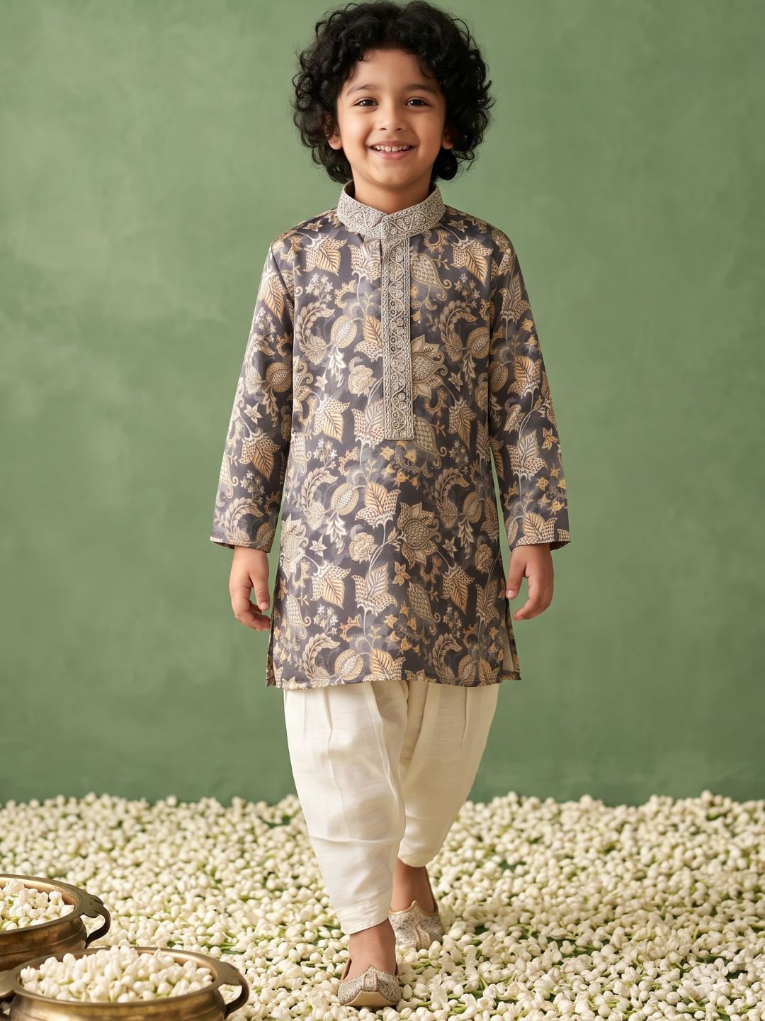 Grey and Yellow Foil Print Cotton Blend Kurta and Pyjama For Boys