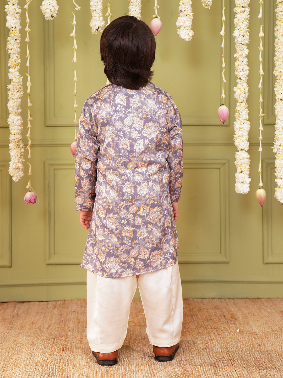 Grey and Peach Foil Print Cotton Blend Kurta and Pyjama For Boys