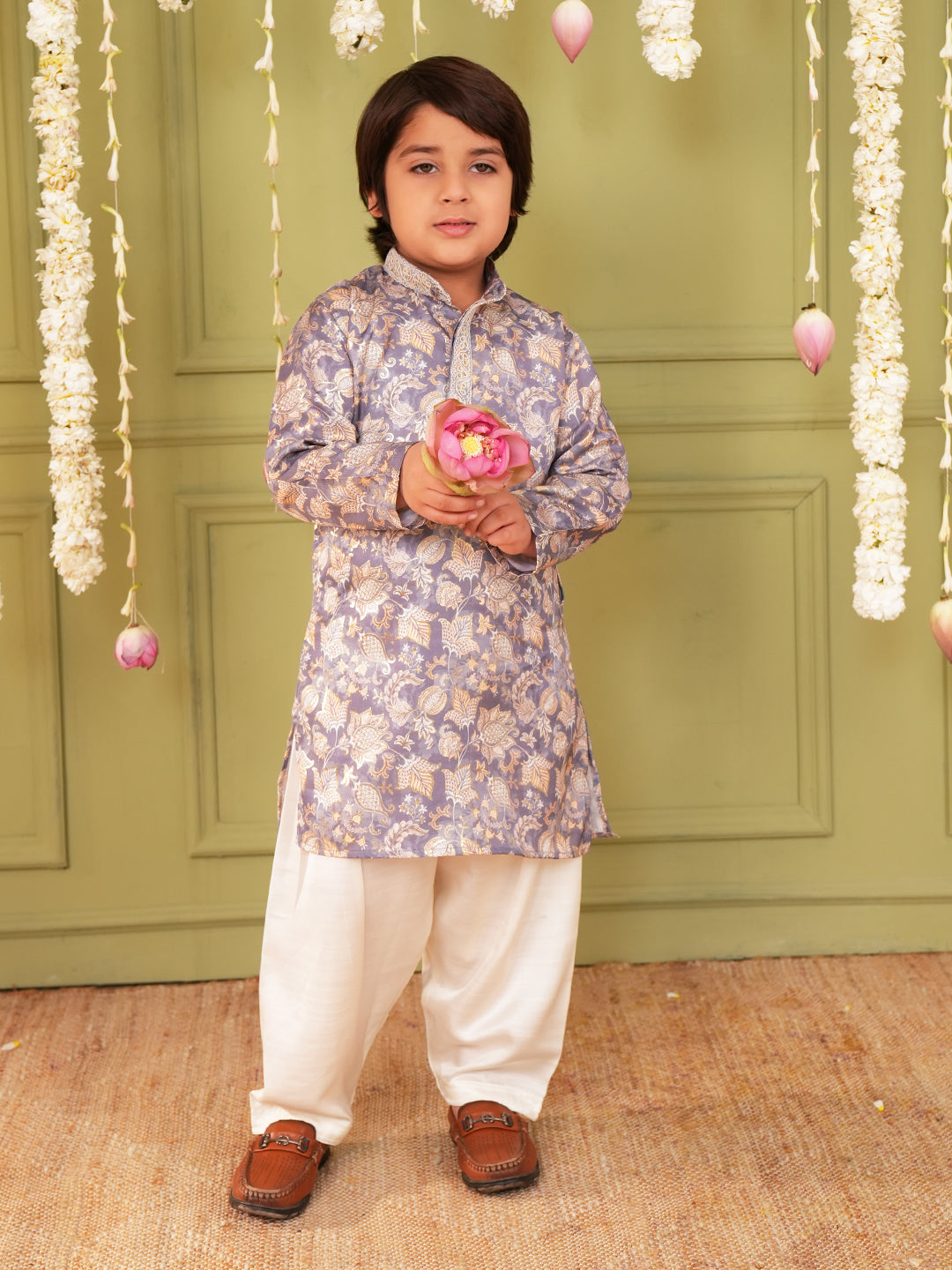 Grey and Peach Foil Print Cotton Blend Kurta and Pyjama For Boys