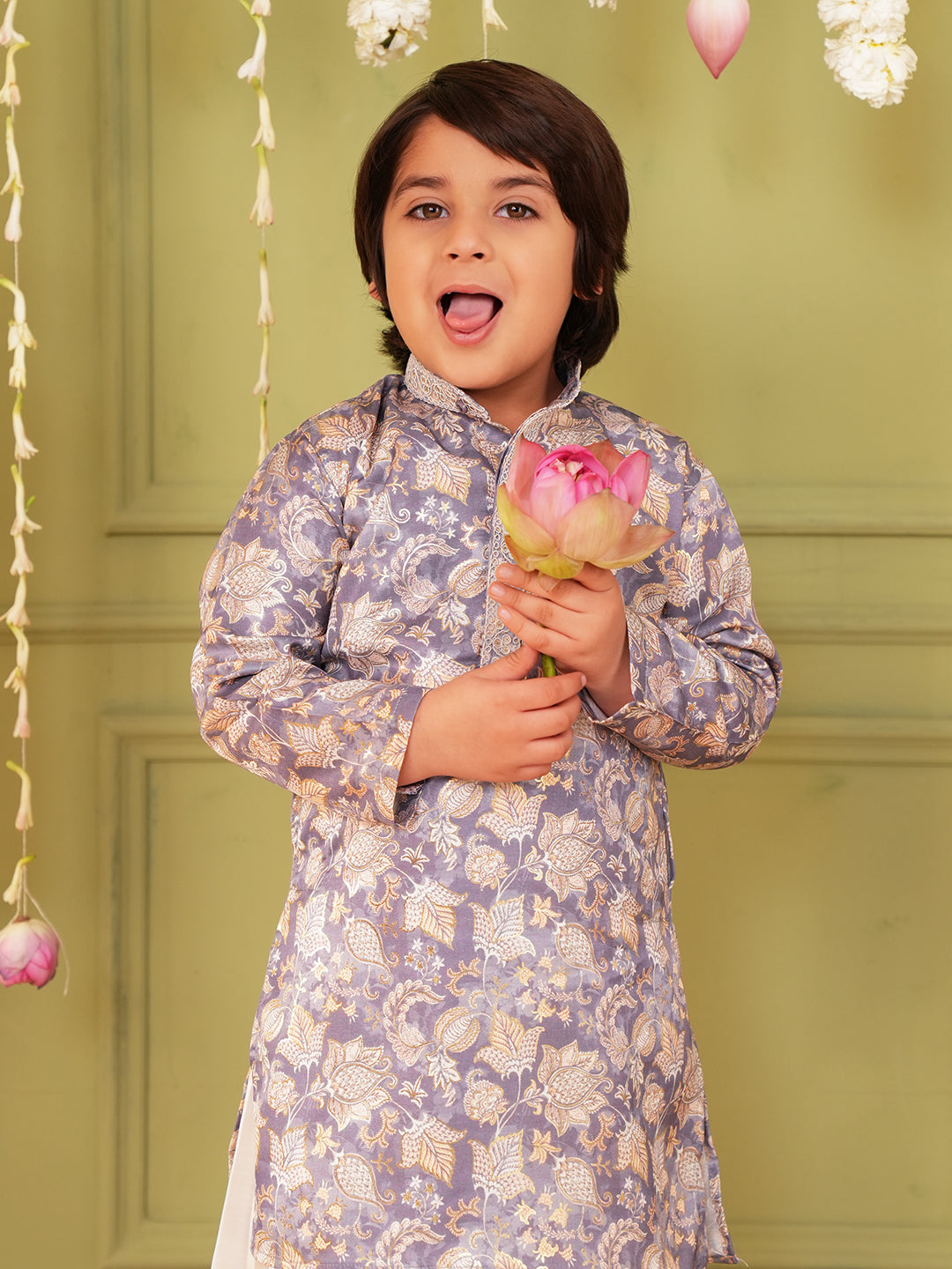 Grey and Peach Foil Print Cotton Blend Kurta and Pyjama For Boys