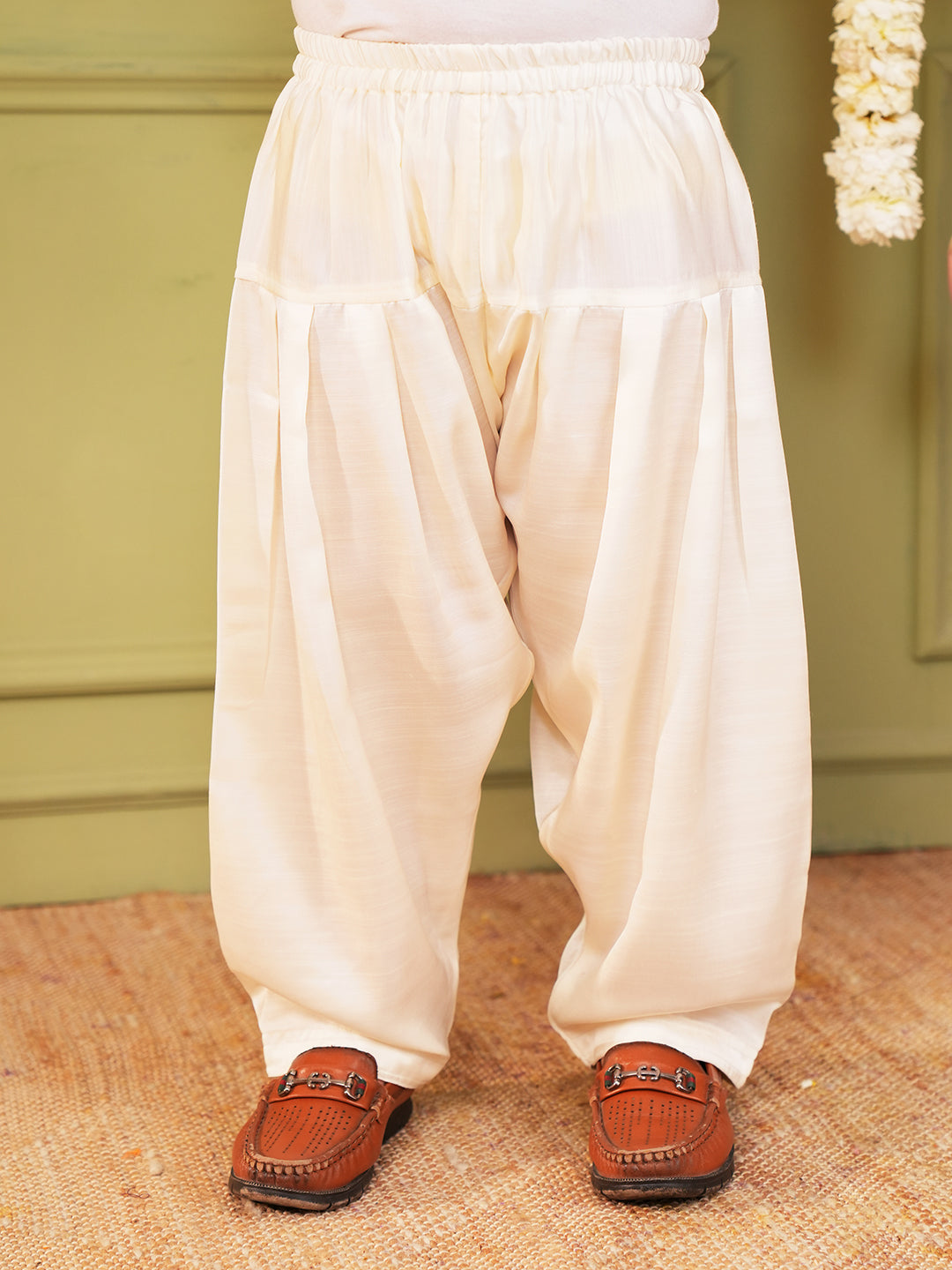 Grey and Peach Foil Print Cotton Blend Kurta and Pyjama For Boys