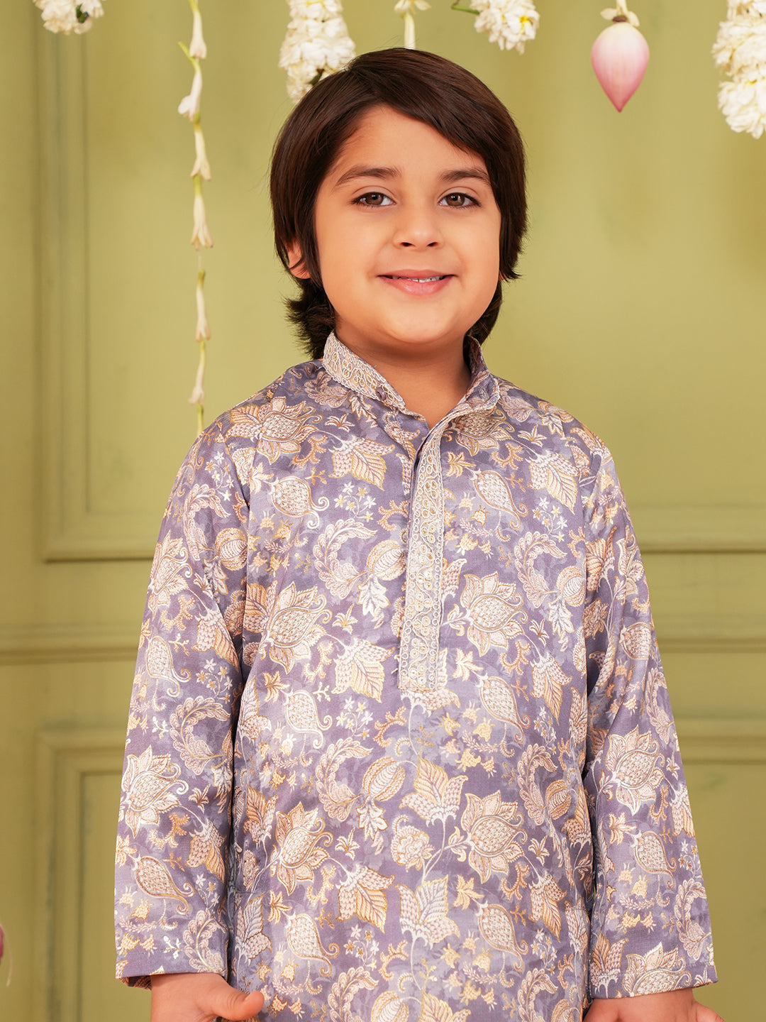 Grey and Peach Foil Print Cotton Blend Kurta and Pyjama For Boys