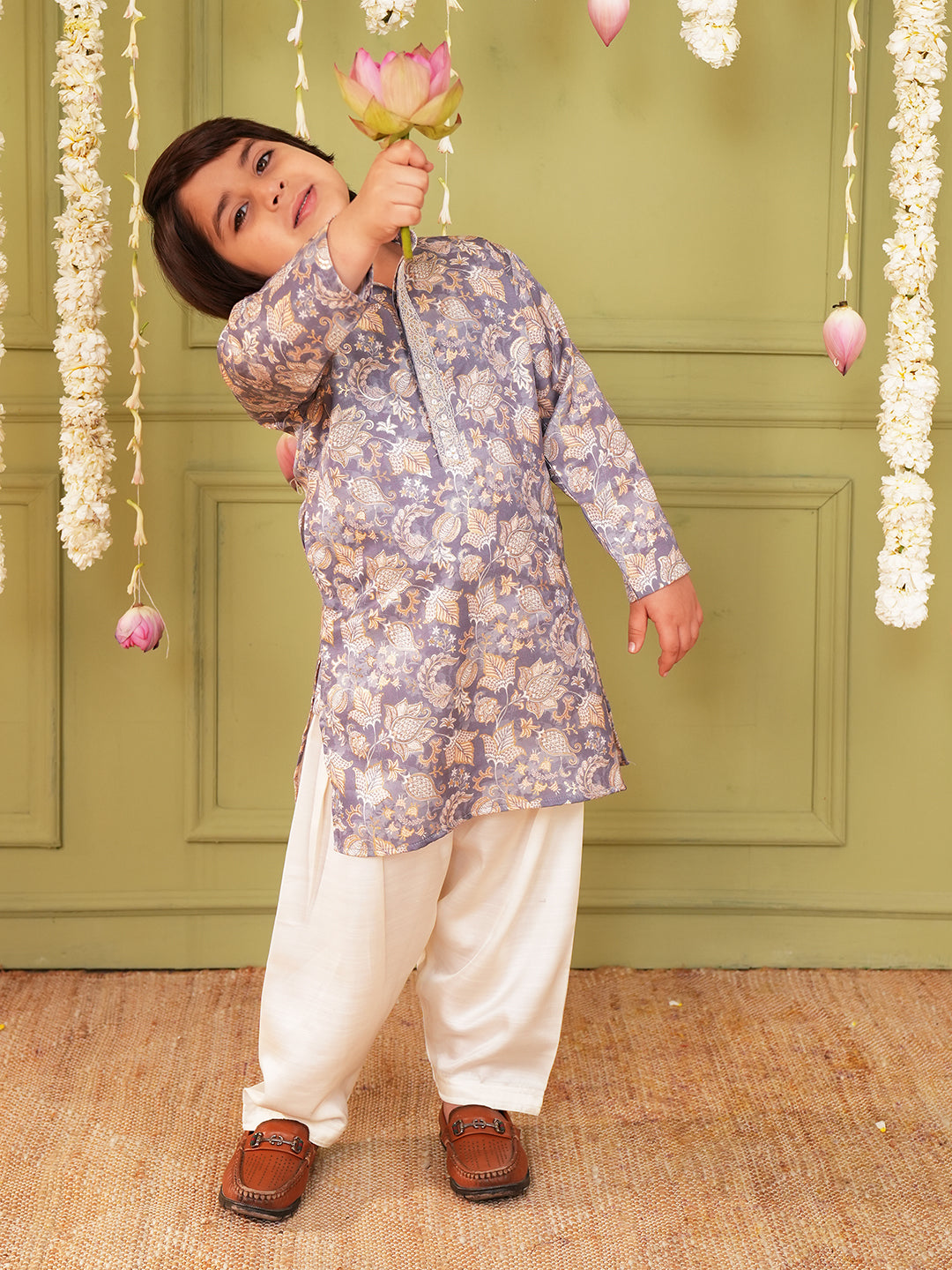 Grey and Peach Foil Print Cotton Blend Kurta and Pyjama For Boys