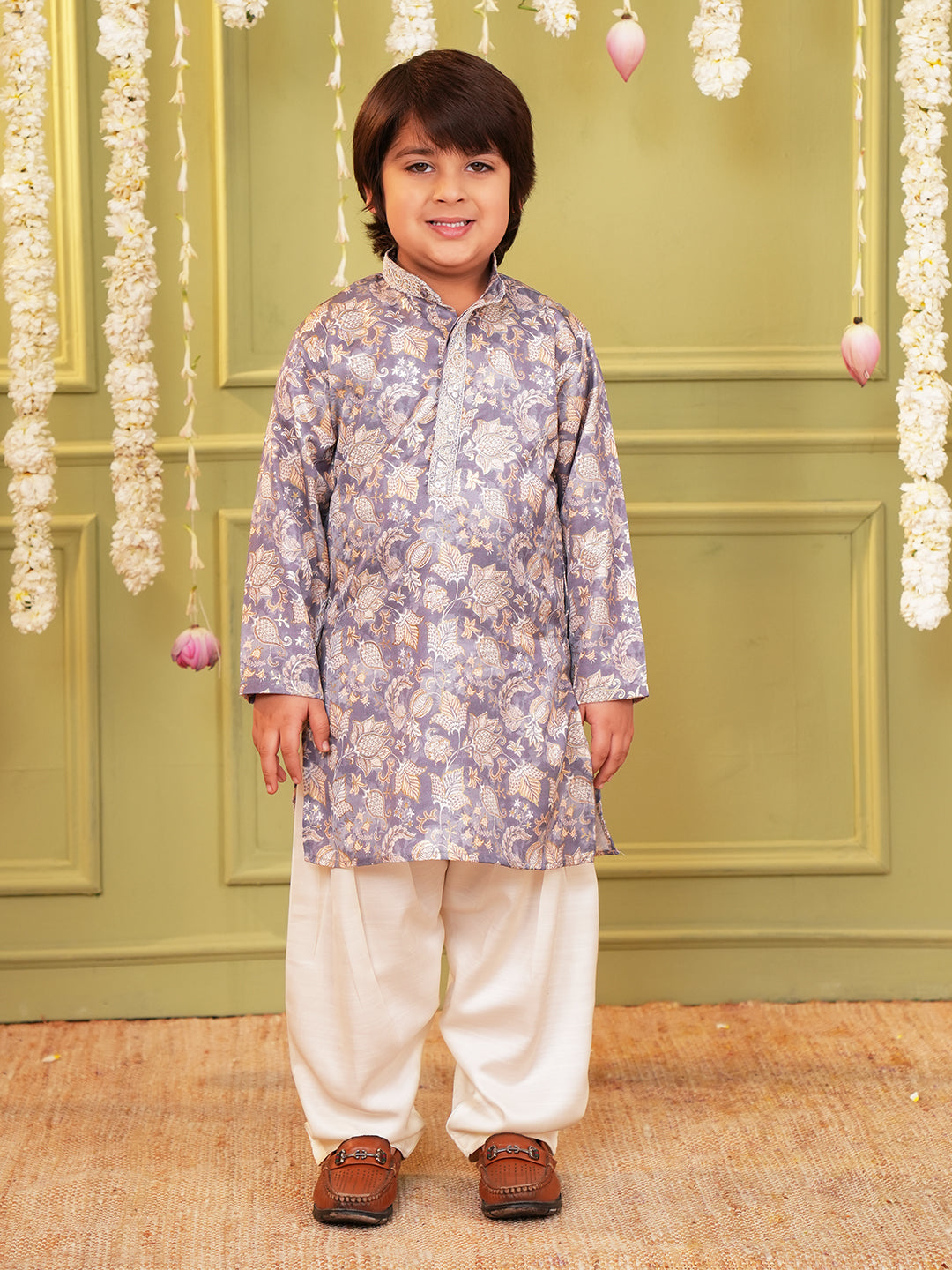 Grey and Peach Foil Print Cotton Blend Kurta and Pyjama For Boys